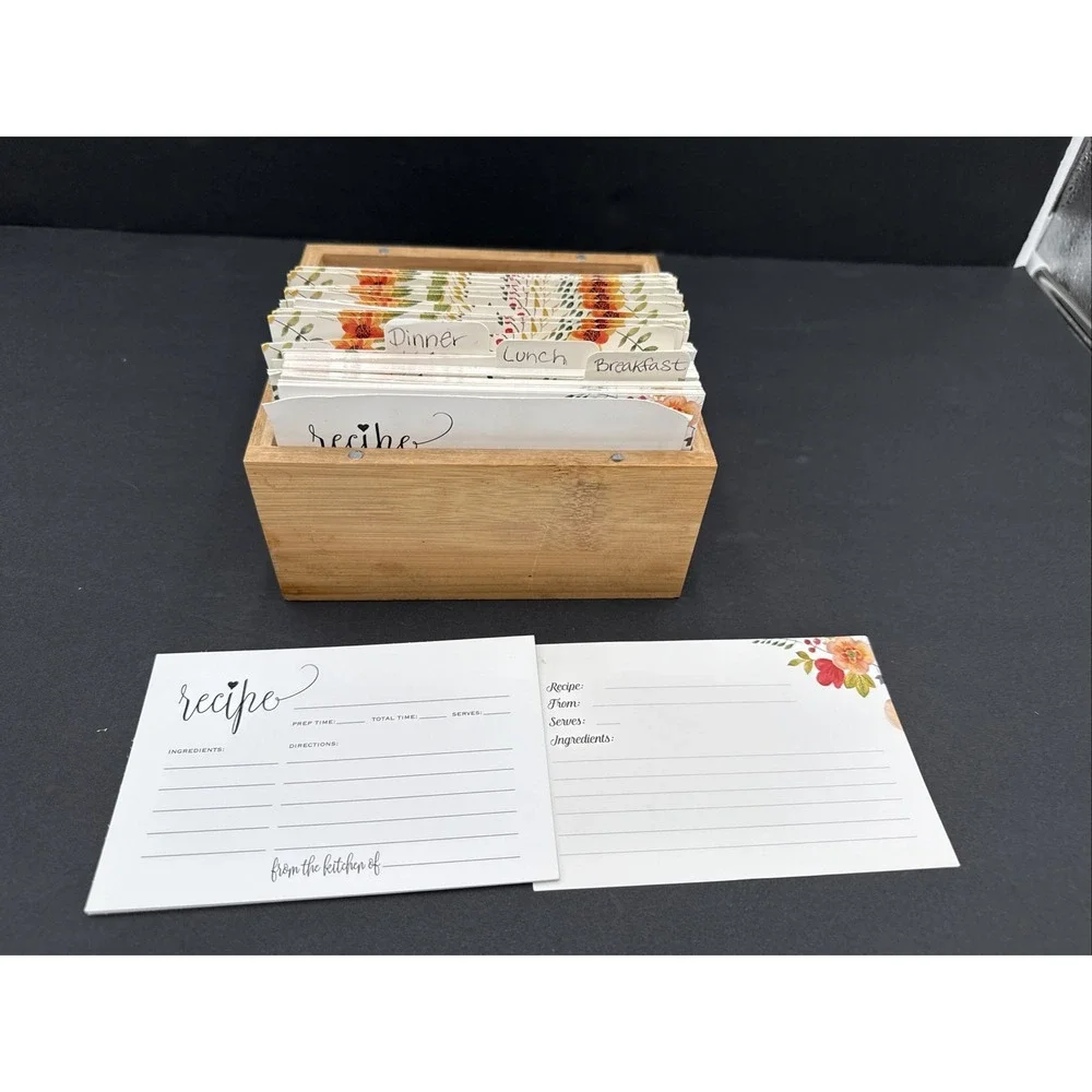 Wooden Recipe Box w/ Hinged Lid 7x5x3 Blank Cards Dividers
